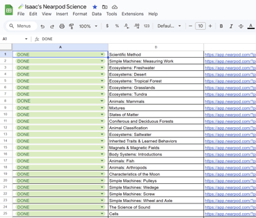 A Google Sheet screenshot with topics, checkboxes, and links.