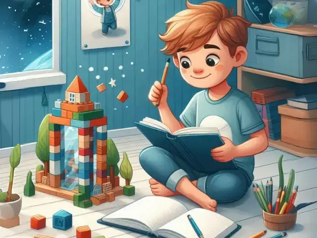 A young boy is seated, using his imagination while writing and building a fanciful creation.