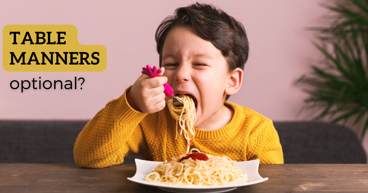 Young boy eating spaghetti without table manners