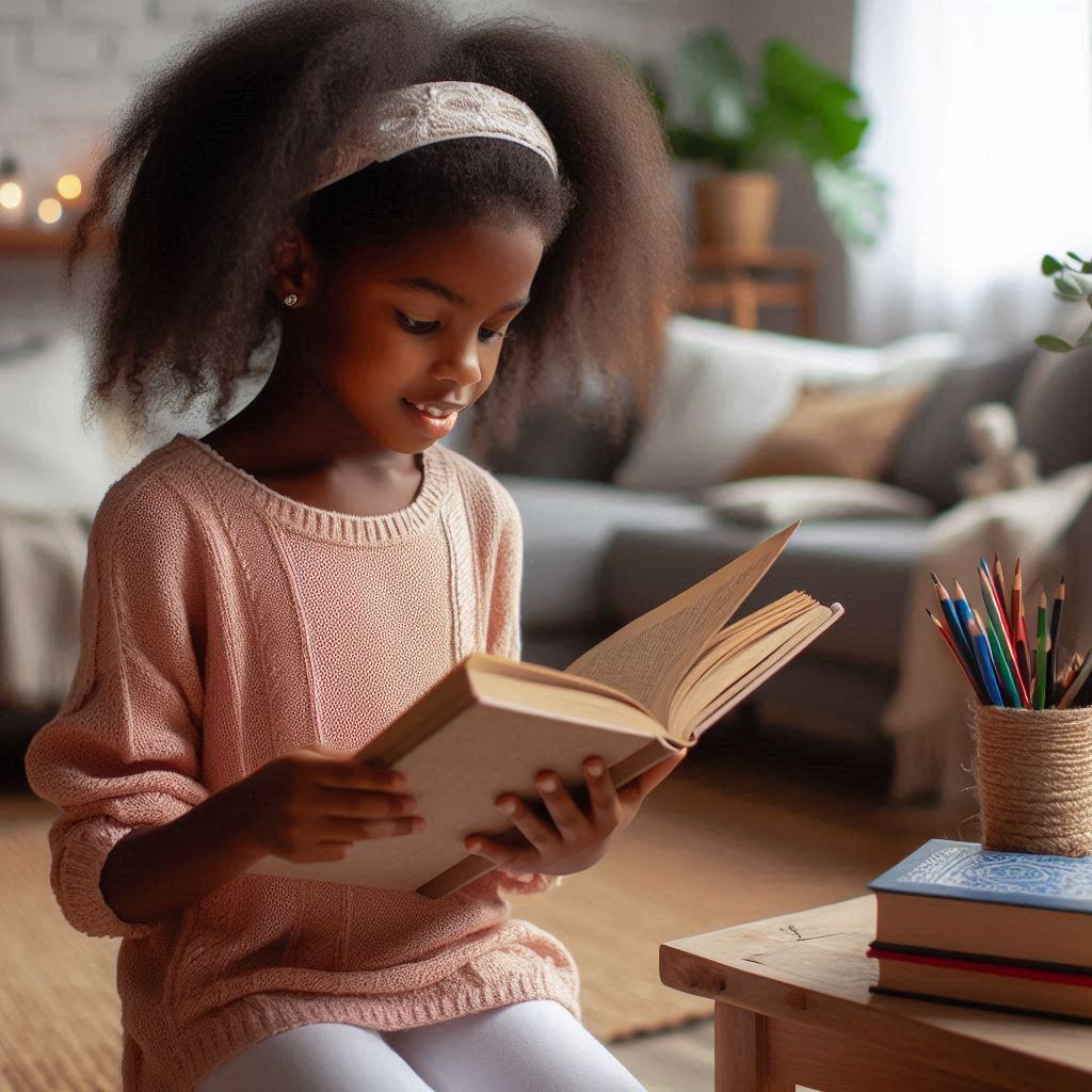 a young girl is eagerly reading in a quiet corner of the house