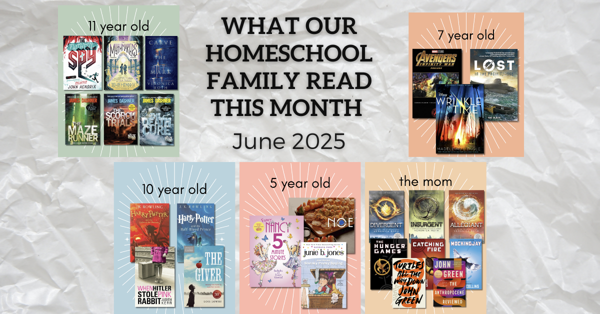 A collage of what my 5, 7, 10, and 11 year olds read alongside mom in our homeschool this month